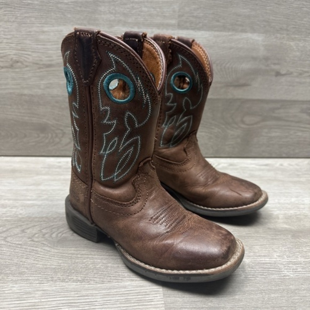Justin Bowline Junior Kids Youth Brown Leather Square Toe Pull-on Boots‎ Size 9D